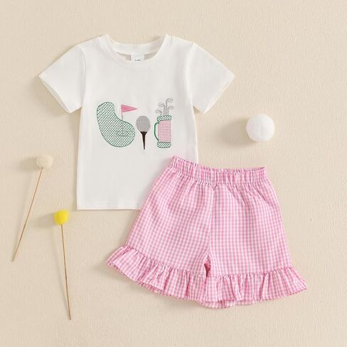 fhutpw Toddler Baby Girls Summer Clothes Smocked Short Sleeve T-Shirt Tops Ruffled Plaid Short Sets Cute Outfits 2Pcs in Saudi Arabia