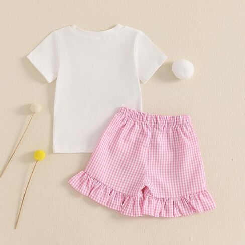 fhutpw Toddler Baby Girls Summer Clothes Smocked Short Sleeve T-Shirt Tops Ruffled Plaid Short Sets Cute Outfits 2Pcs in Saudi Arabia