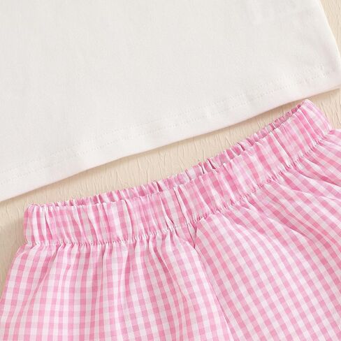 fhutpw Toddler Baby Girls Summer Clothes Smocked Short Sleeve T-Shirt Tops Ruffled Plaid Short Sets Cute Outfits 2Pcs in Saudi Arabia