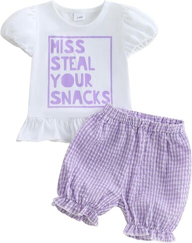 fhutpw Toddler Baby Girls Summer Clothes Smocked Short Sleeve T-Shirt Tops Ruffled Plaid Short Sets Cute Outfits 2Pcs in Saudi Arabia
