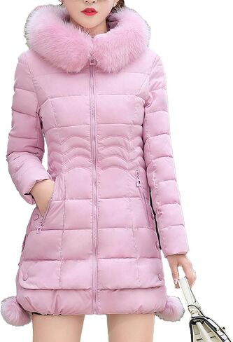 JEsilunmaMY Women's Slim Fur Hood Puffer Jacket Mid Length Insulated Quilted Jacket Solid Warm Winter Coats with Zip Pocket in Saudi Arabia