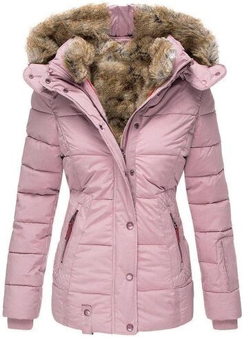JEsilunmaMY Women's Fleece Lined Insulated Puffer Jacket Winter Coats Fur Hooded Down Parkas Slim Shearling Padded Jacket in Saudi Arabia