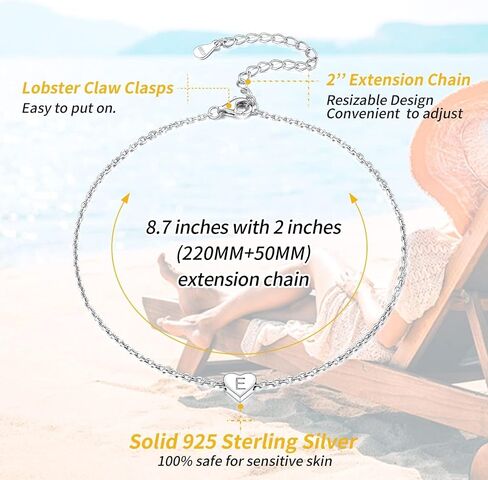 ChicSilver 925 Sterling Silver Initial Anklets for Women Teen Girls Dainty Beach Heart Ankle Bracelet Foot Jewelry-Adjustable Size(with Gift Box) in Kuwait