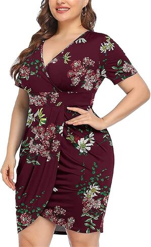 Women's Plus Size V Neck Wrap Short Sleeve Loose Ruched Belted Bodycon Dress Summer Floral Pattern Elegant Pencil Dress in Saudi Arabia