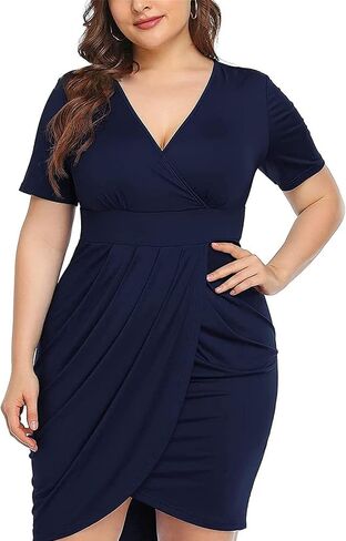 Women's Plus Size V Neck Wrap Short Sleeve Loose Ruched Belted Bodycon Dress Summer Floral Pattern Elegant Pencil Dress in Saudi Arabia