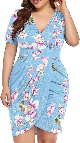 Women's Plus Size V Neck Wrap Short Sleeve Loose Ruched Belted Bodycon Dress Summer Floral Pattern Elegant Pencil Dress in Saudi Arabia