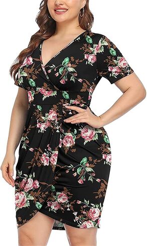 Women's Plus Size V Neck Wrap Short Sleeve Loose Ruched Belted Bodycon Dress Summer Floral Pattern Elegant Pencil Dress in Saudi Arabia
