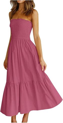 Womens Summer Off The Shoulder Casual Short Sleeve Long Maxi Beach Dress Ruffle A Line Solid Cocktail Skater Dresses in Saudi Arabia