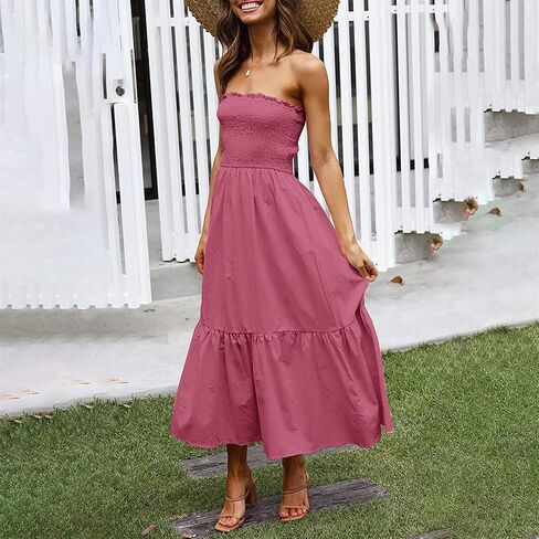 Womens Summer Off The Shoulder Casual Short Sleeve Long Maxi Beach Dress Ruffle A Line Solid Cocktail Skater Dresses in Saudi Arabia