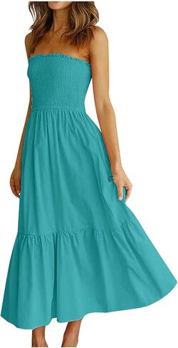 Womens Summer Off The Shoulder Casual Short Sleeve Long Maxi Beach Dress Ruffle A Line Solid Cocktail Skater Dresses in Saudi Arabia
