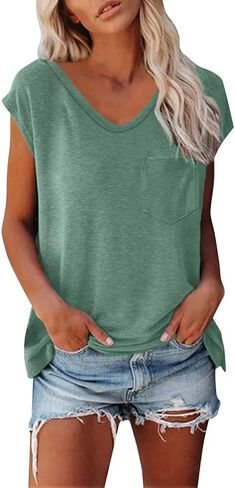 Cap Sleeve V Neck T Shirts for Women Solid Color Summer Tops Dressy Casual Beach Vacation Tank Tops with Chest Pocket in Saudi Arabia