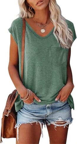 Cap Sleeve V Neck T Shirts for Women Solid Color Summer Tops Dressy Casual Beach Vacation Tank Tops with Chest Pocket in Saudi Arabia