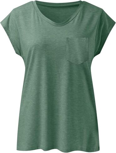 Cap Sleeve V Neck T Shirts for Women Solid Color Summer Tops Dressy Casual Beach Vacation Tank Tops with Chest Pocket in Saudi Arabia