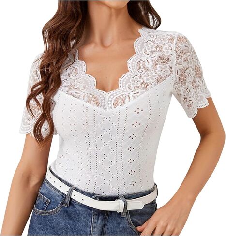 Womens Lace Crop Tops Lace Trim V Neck Shirts Short Sleeve Dressy Casual Tshirts Going Out Summer Tops Tees in Saudi Arabia