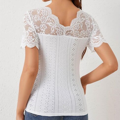 Womens Lace Crop Tops Lace Trim V Neck Shirts Short Sleeve Dressy Casual Tshirts Going Out Summer Tops Tees in Saudi Arabia
