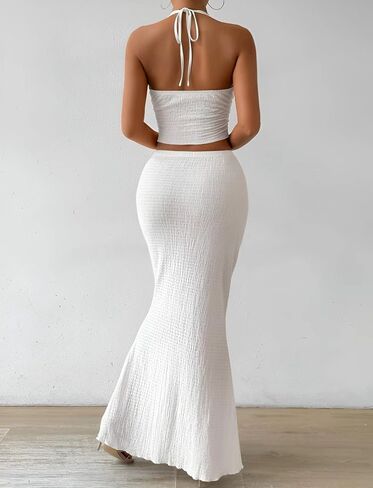 Skirt Sets Women 2 Piece Outfits Summer V-Neck Tops and High Waist Casual Long Skirt in Saudi Arabia