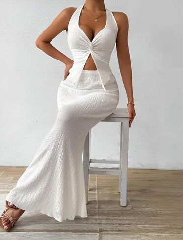 Skirt Sets Women 2 Piece Outfits Summer V-Neck Tops and High Waist Casual Long Skirt in Saudi Arabia