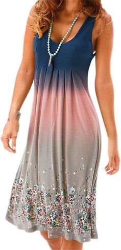 Women's Summer Casual Plain Flowy Swing Dress Loose Sleeveless Beach Tunic Maxi Dress Tank Dresses Rainbow T Shirt Dress in Saudi Arabia
