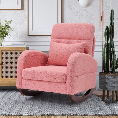 Nursery Rocking Chair, Upholstered Comfortable Glider, High Back Living Room Chair with Side Pocket & Rubber Wood Legs, Ideal for Bedroom & Baby Nursery in Saudi Arabia
