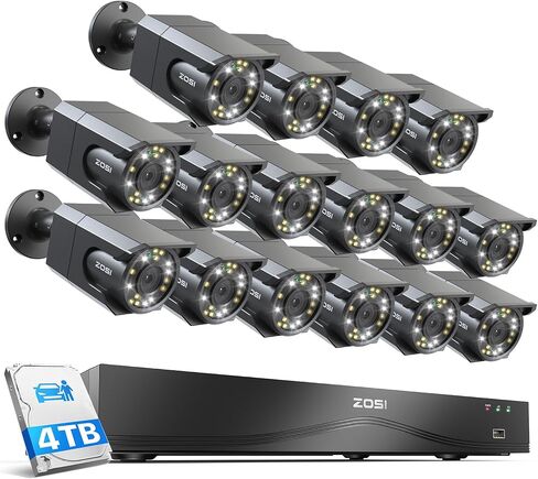 ZOSI 4K 16CH PoE Security Camera System, 16 x 8MP PoE Cameras Outdoor with Starlight Color Night Vision, Light Alarm, Human Detection, 4K 16CH H.265+ NVR (Expandable to 32CH), 4TB HDD for 24/7 Record in Saudi Arabia