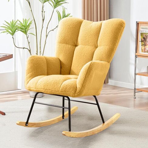 SoarFlash Nursery Rocking Chair Teddy Fabric Glider Chair Upholstered Rocker Accent Armchair with High Backrest and Solid Wood Legs for Nursery Bedroom Living Room Office(Pink) in Saudi Arabia
