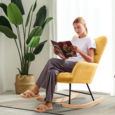 SoarFlash Nursery Rocking Chair Teddy Fabric Glider Chair Upholstered Rocker Accent Armchair with High Backrest and Solid Wood Legs for Nursery Bedroom Living Room Office(Pink) in Saudi Arabia