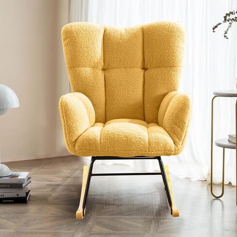 SoarFlash Nursery Rocking Chair Teddy Fabric Glider Chair Upholstered Rocker Accent Armchair with High Backrest and Solid Wood Legs for Nursery Bedroom Living Room Office(Pink) in Saudi Arabia