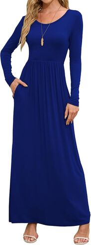 DEARCASE Maxi Dress for Women Red Large Crewneck Long Sleeves Wedding Guest A-line Plain Casual Empire Waist Flowy Party Vintage Spring Fall Winter Floor Dresses with Pocket in Kuwait