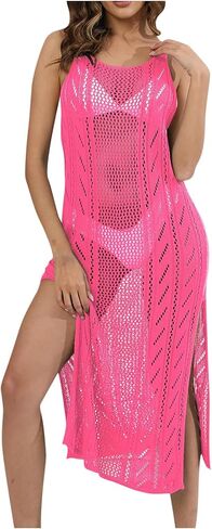 Women Bathing Suit Cover Up Sheer Mesh Hollow Out Long Dress Sling Bikini Coverups Side Slits Solid Summer Swimsuit in Saudi Arabia