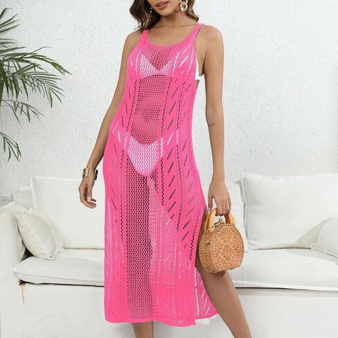 Women Bathing Suit Cover Up Sheer Mesh Hollow Out Long Dress Sling Bikini Coverups Side Slits Solid Summer Swimsuit in Saudi Arabia