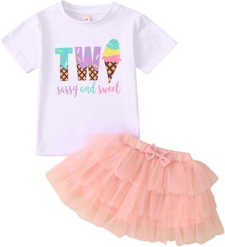 KEKEMI Toddler Girl Birthday Outfits 2nd 3rd 4th 5th 6th 7th Ice Cream Birthday Shirts Tutu Skirt Set Cake Smash 2Pcs Outfit in Saudi Arabia
