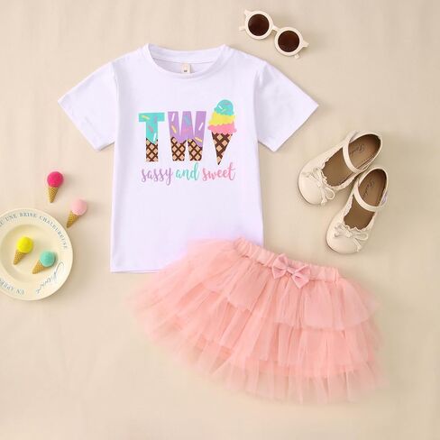 KEKEMI Toddler Girl Birthday Outfits 2nd 3rd 4th 5th 6th 7th Ice Cream Birthday Shirts Tutu Skirt Set Cake Smash 2Pcs Outfit in Saudi Arabia