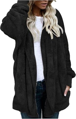 Womens Oversized Sherpa Jacket Baggy Fluffy Fuzzy Hoodie Jackets Comfy Plush Open Front Cardigan Outwear with Pockets in Saudi Arabia