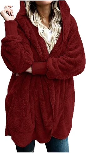 Womens Oversized Sherpa Jacket Baggy Fluffy Fuzzy Hoodie Jackets Comfy Plush Open Front Cardigan Outwear with Pockets in Saudi Arabia