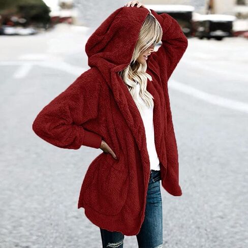 Womens Oversized Sherpa Jacket Baggy Fluffy Fuzzy Hoodie Jackets Comfy Plush Open Front Cardigan Outwear with Pockets in Saudi Arabia