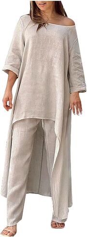 TIAFORD Women's 2 Piece Sets Outfits Cotton Linen Plus Size Summer Casual High Low Irregular Hem Top Wide Leg Lounge Set in Saudi Arabia