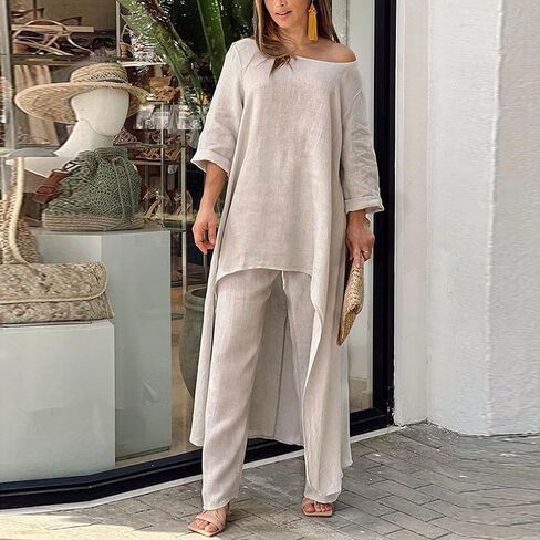 TIAFORD Women's 2 Piece Sets Outfits Cotton Linen Plus Size Summer Casual High Low Irregular Hem Top Wide Leg Lounge Set in Saudi Arabia