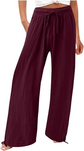Women's Elastic High Waisted Linen Pants Drawstring Wide Leg Palazzo Pant Comfy Lounge Beach Trousers with Pocket in Saudi Arabia