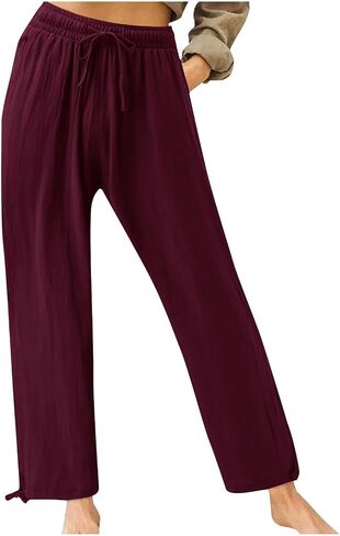 Women's Elastic High Waisted Linen Pants Drawstring Wide Leg Palazzo Pant Comfy Lounge Beach Trousers with Pocket in Saudi Arabia