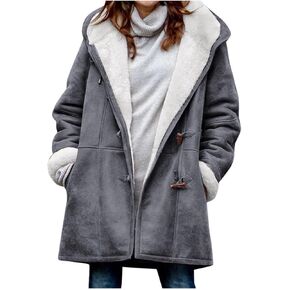 Winter Jackets for Women Fleece Plus Size Stand Color Warm Outerwear Coats Loose Button Mid-Length Jacket with Pocket