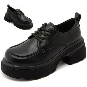 Women's Leather Chunky Platform Oxfords Comfortable Round Toe Lace-Up Non-Slip Oxford Loafers Casual Business Work Office Dress Shoes