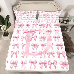 Initial Personalized Fitted Sheet Queen,Pink Letter D and Bowknot Bed Sheet 3 Pieces(No Flat Sheet),Unique Cute Monogrammed Bedding Set,Kids Teens Women Toddler Cartoon Deep Pocket Sheett