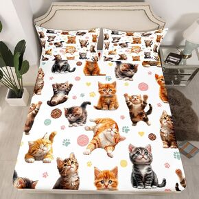 Cute Cats Kids Fitted Sheet Full Size,Cartoon Pet Animal Paws Toddler Bedding Set,Girls Boys Room Decor,Love Heart Princess Kawaii Orange White Chic Bed Sheet,2 Pillowcases(No Flat)
