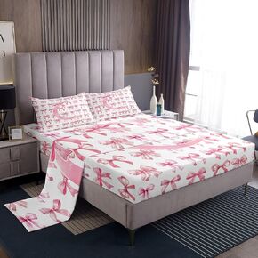 Initial Letter C Fitted Sheet Set Full Size 4 Pcs,Monogrammed Present for Kids Girls Toddler Bed Sheet Set,Coquette Pink Bow Bedding Set with 1 Flat Sheet 2 Pillowcases