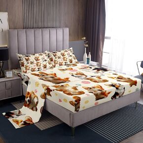 Manfei Cute Corgi Kids Sheet Full Size,Cartoon Pets Animals Toddler Girls Boys Bedding Set,Dogs Paws Geometric Patchwork Yellow Lovely Bed Sheet Set 4pcs(Fitted + Flat + 2 Pillowcases)