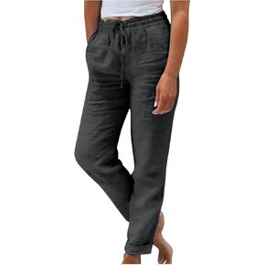 Women's High Waist Elastic Waist Lounge Pant Solid Color Cotton Linen Casual Pant Lightweight Thin Beach Trousers