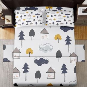 4 Pcs Fitted Sheet Set King Size with 14" Deep Pocket, Toddler Teenage Nursery Bedding with Pillowcase for Kids and Adults, Aesthetic Tree Kids Flat Bed Sheet Set