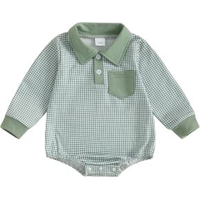 Newborn Infant Baby Boy Fall Winter Clothes Lapel Button Down Pocket Plaid Romper Bodysuit One Piece Outfit
