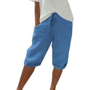 Women's Cotton Linen Elastic SweatShorts Summer Lightweight Casual Pant Vacation Jogger Workout Knee Length Short