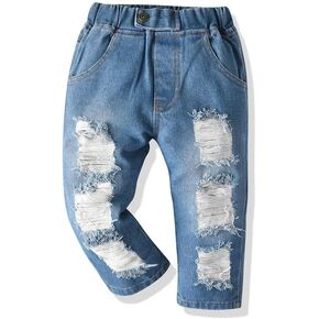Baby Boys Girls Elastic Waist Ripped Denim Jeans Pants